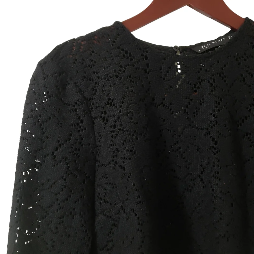 Zara Woman Black Crochet Knit Lace Top  Medium Bell Sleeve Whimsigoth Boho Witch